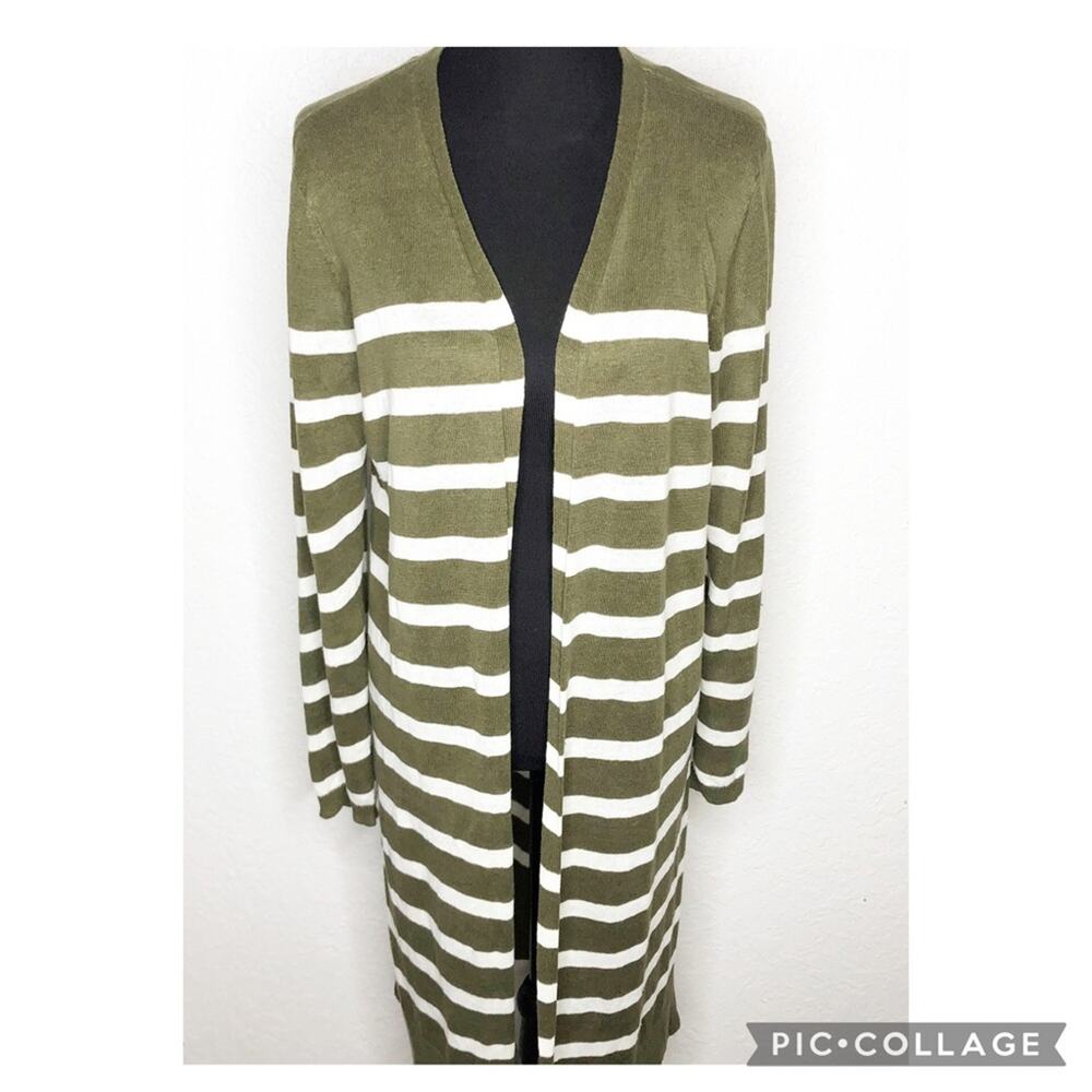 Talbots olive army green white striped open front linen duster cardigan Medium